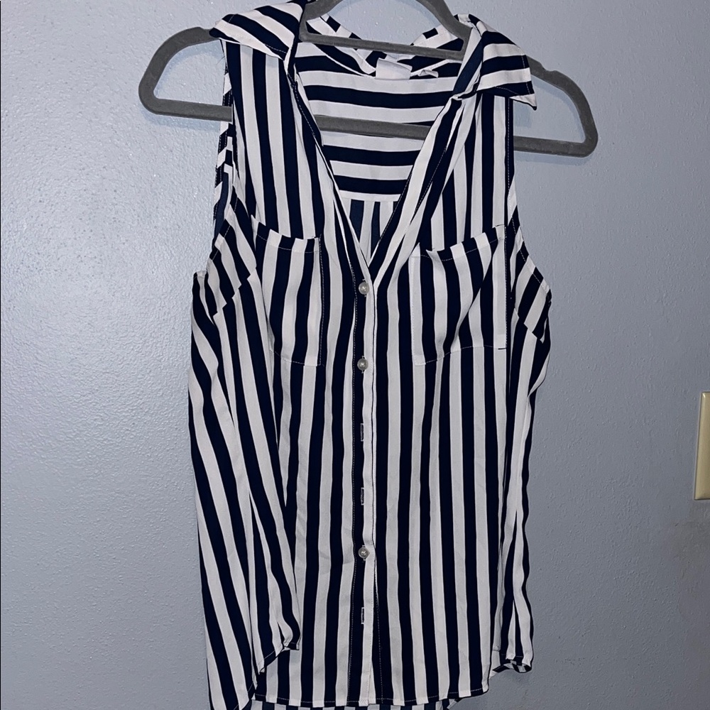 New York & Company Navy and White Striped Button-Down Shirt